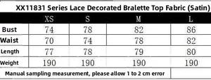 Size chart table for satin lace camisole showing measurements for XS S M and L sizes