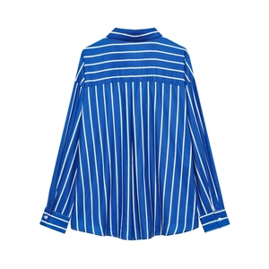 Detailed back view of blue and white striped long sleeve shirt with horizontal yoke