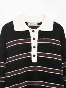 Détail du col polo blanc contrastant et des boutons sur un pull en tricot à rayures