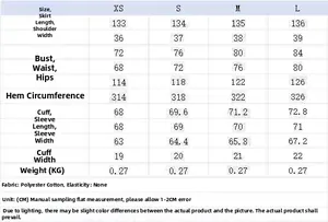 Detailed size chart for striped shirt dress showing measurements from XS to L