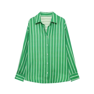 Women's classic green and white vertical striped long sleeve button-up shirt with collar