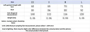 Detailed size chart for lace V-neck camisole top featuring XS to L measurements