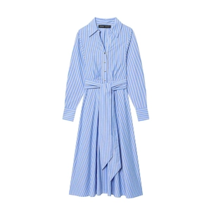 Women Casual Blue White Striped Shirt Dress Long Sleeve Lapel With Belt Elegant Midi Dress For Daily Office Wear
