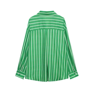 Detailed back view of casual green and white striped shirt with horizontal yoke detail