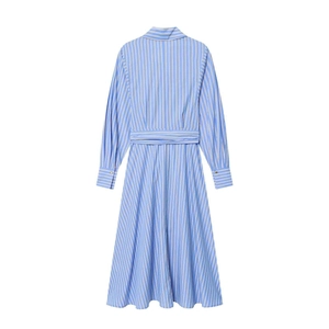 Back view of blue and white striped long sleeve shirt dress with a waist belt and A-line skirt