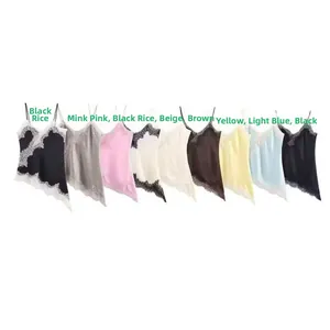 Lace-trimmed satin camisoles shown in nine various colors on a clean white background