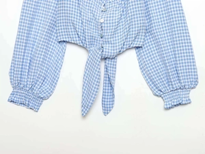 Detail of blue and white gingham long sleeve shirt with pearl buttons and tie-knot hem