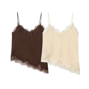 Women's satin camisole set with lace trim and V-neckline in brown and cream beige