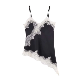 Women's black satin camisole with white eyelash lace trim and irregular hemline