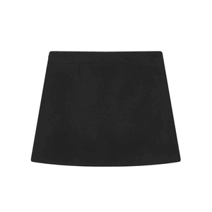 Flat lay close-up of a minimalist black A-line skirt with a structured waist design