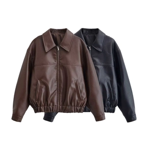Veste en Similicuir Vintage pour Femmes Manteau Bomber PU Décontracté Avec Poche Zippée Revers Manches Longues Automne Vêtements