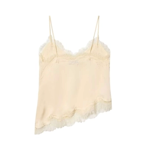 Elegant cream satin camisole featuring delicate lace trim and asymmetrical hemline