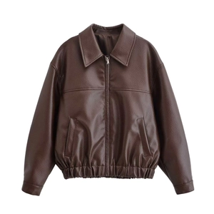 Veste vintage marron en similicuir coupe ample avec fermeture éclair et taille élastique