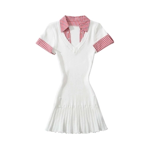 Women's white ribbed knit mini dress with red plaid collar and pleated skirt detail