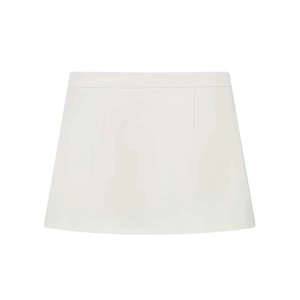 Detailed view of white A-line mini skirt with fine belt and minimalist stitching details