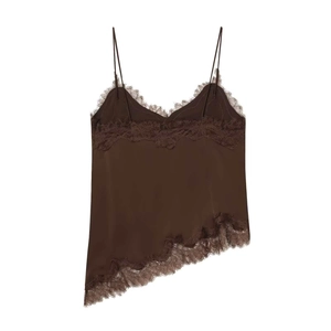 Close-up of brown satin camisole featuring delicate lace trim and an asymmetric hemline