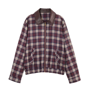 Giacca Vintage a Quadri da Donna e Mini Gonna Pantalone Plissettata Colletto in Similpelle a Contrasto Bomber a Maniche Lunghe