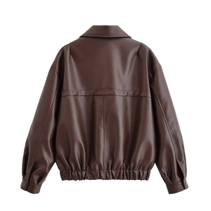 Veste aviateur vintage en simili cuir marron foncé pour femme avec ourlet élastique dos