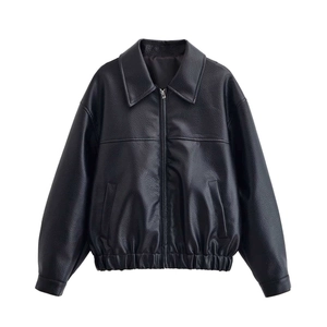 Blouson bomber classique en similicuir noir avec col à revers et taille élastiquée