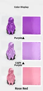 Detailed view of satin silk square scarves in purple, lilac, and dusty rose hues
