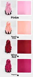 Detailed views of satin square scarves in pink and wine red colors with glossy texture