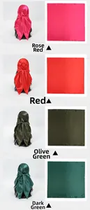 Detailed views of 90cm satin silk square scarves in rose red, olive green and deep green