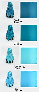 Detail display of four solid blue satin square scarves in cyan, stone, lake and sky blue