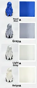 Detail view of 90cm satin silk square scarves in royal blue, grey, and beige colors