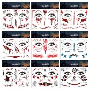 Waterproof Halloween face scar tattoo stickers set with blood and spider web designs