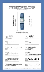 Detailed specs of square silver watch with blue leather strap and quartz movement