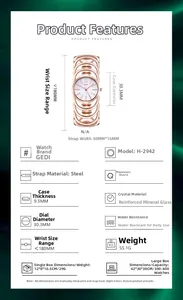 Detail view of rose gold fashion watch with dimensions and quartz movement specs