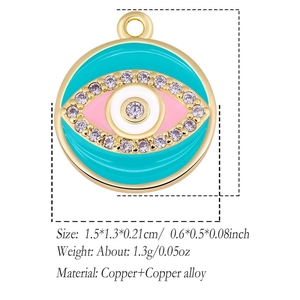 Evil eye round pendant with turquoise enamel and zircon inlays for DIY jewelry making