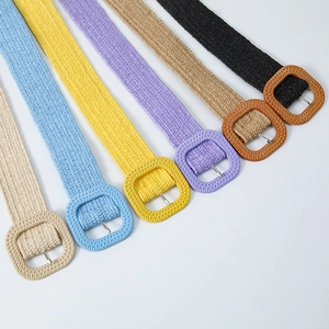 Elastic straw woven belts with square buckles in multiple colors for dresses