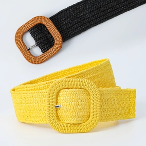 Straw woven elastic waist belt with large square buckle for summer dresses and skirts