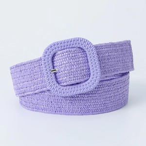 Detail of lavender woven belt featuring a large square buckle and textured braided pattern