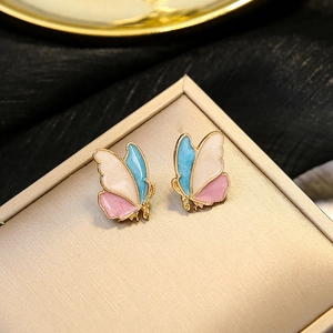 Elegant butterfly stud earrings with colorful oil drip enamel and gold finish