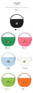 Detailed display of colorful semi-circular handbags in seven vibrant leather finishes
