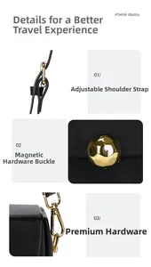 Detail view of black matte leather bag with adjustable strap and golden metal hardware