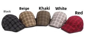 Detailed display of plaid newsboy caps in black, beige, khaki, white, and red color options