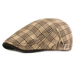 Plaid newsboy flat cap for men in light brown check with adjustable metal side buckle