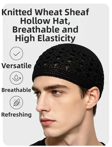 Detail of black crochet knit skull cap featuring breathable hollow wheat spike patterns