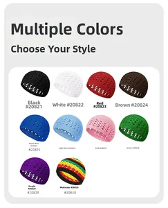 Detailed grid view of hollow-out crochet knit kufi hats in ten assorted vibrant colors