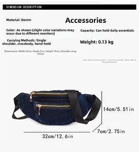 Detail view of denim chest bag with adjustable black strap and golden metal zippers