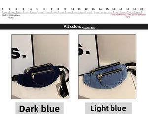 Detailed comparison of dark and light blue denim waist bags with adjustable straps