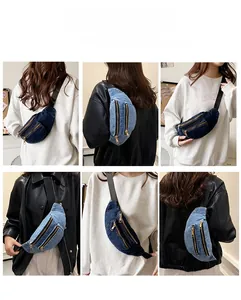 Detail of adjustable strap and denim waist bag with multiple zip compartments shown in use