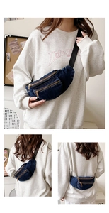 Detail view of denim chest bag showing zippers and multiple wearing styles on model