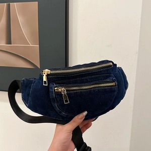 Denim Waist Bag For Women Chest Pack Multiple Zippers Adjustable Nylon Strap Harajuku Style Crossbody Travel Belt Bag