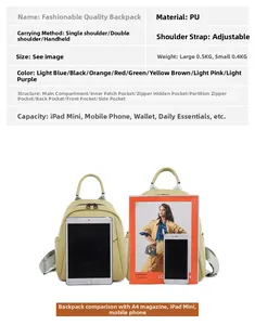 Size comparison of a soft PU leather backpack with an iPad mini and A4 magazine