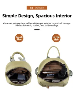 Interior layout view showing capacity of small and large olive green leather backpacks