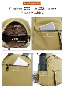 Detail view of avocado green leather backpack showing multiple storage pockets and compartments